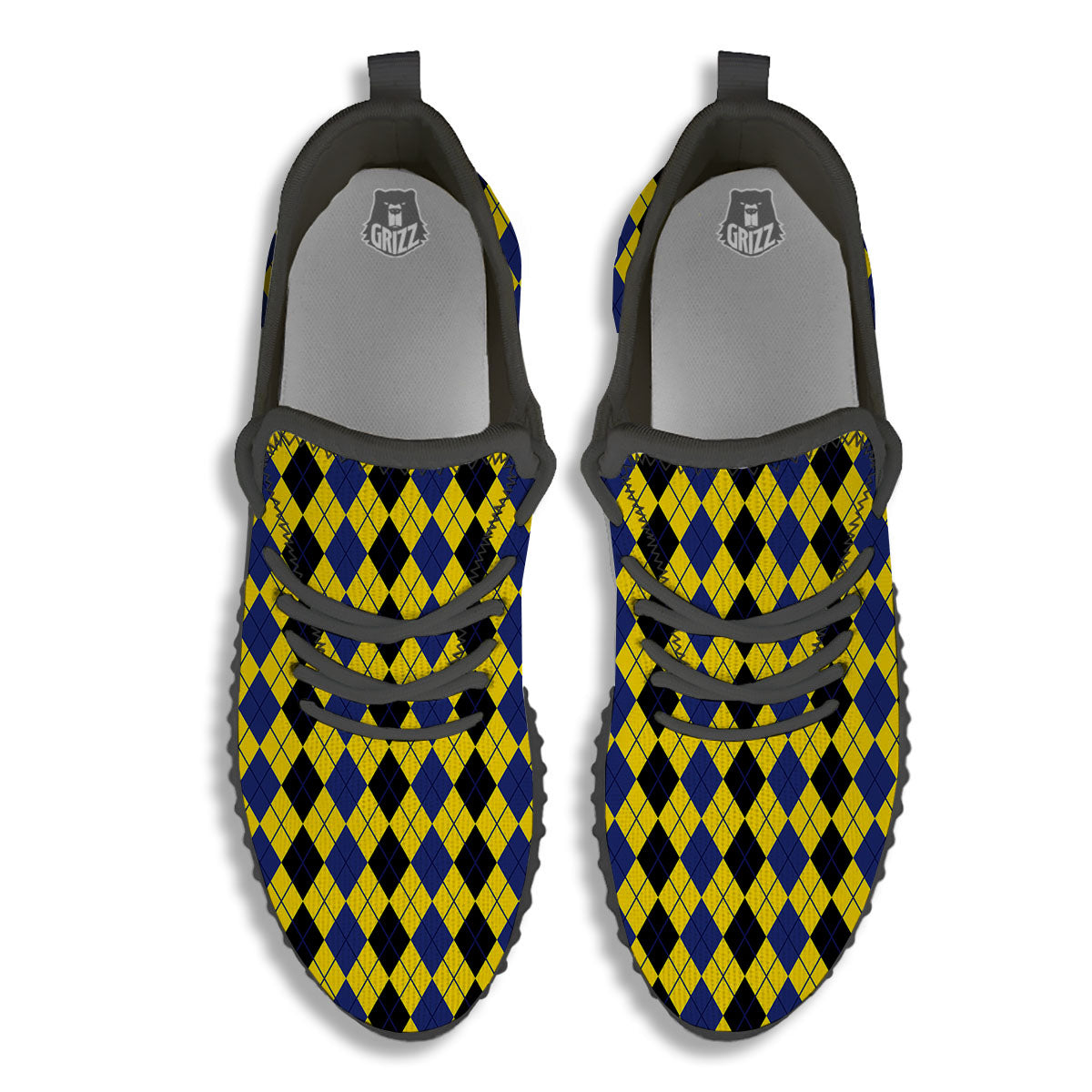 Blue Black And Yellow Argyle Print Black Walking Shoes-grizzshop