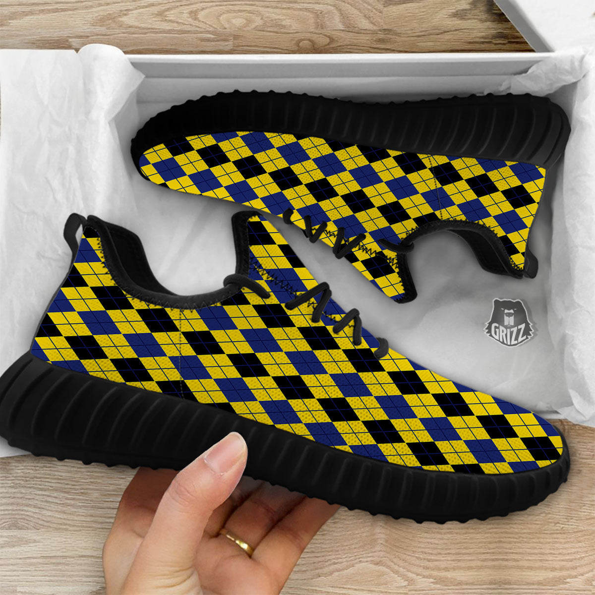 Blue Black And Yellow Argyle Print Black Walking Shoes-grizzshop