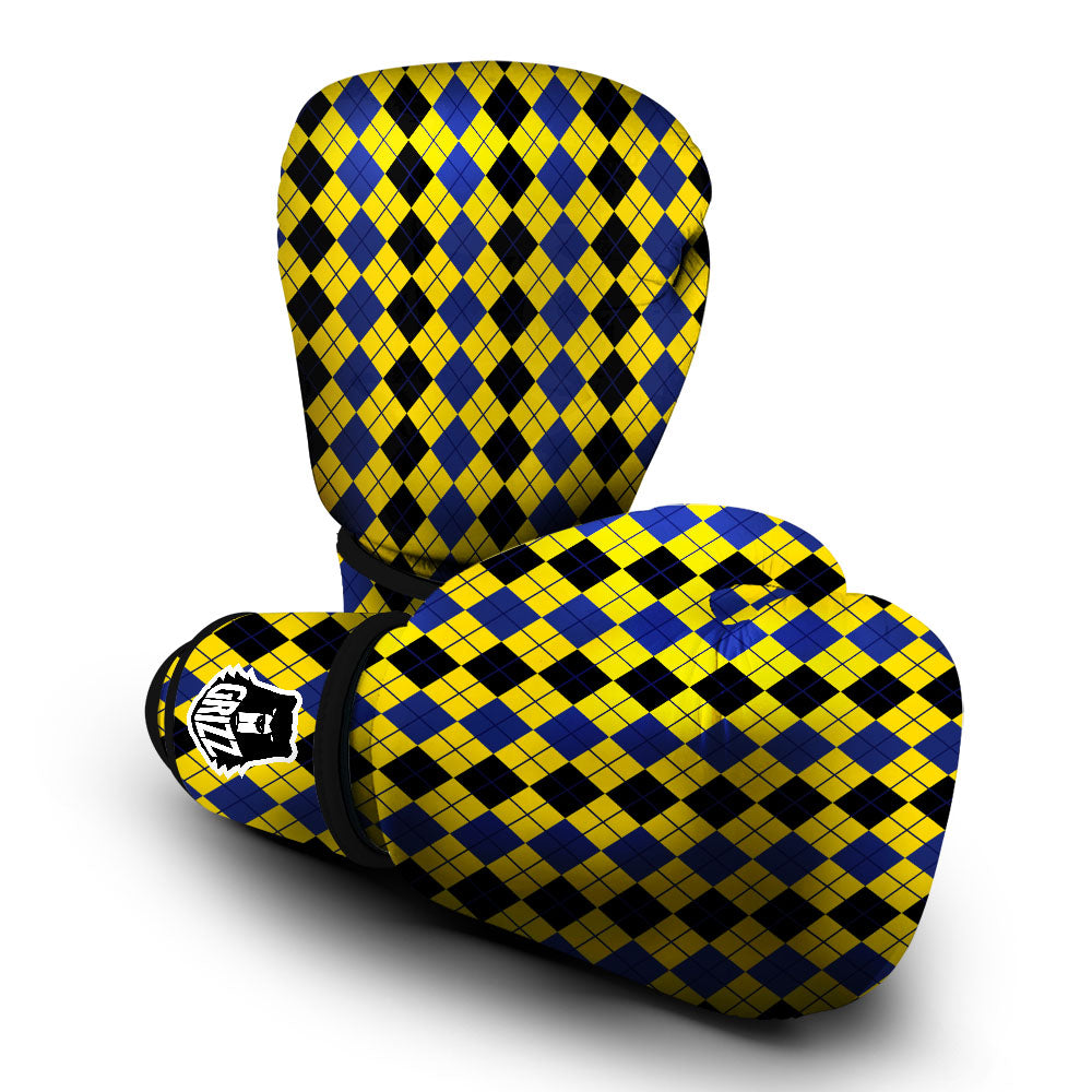 Blue Black And Yellow Argyle Print Boxing Gloves-grizzshop