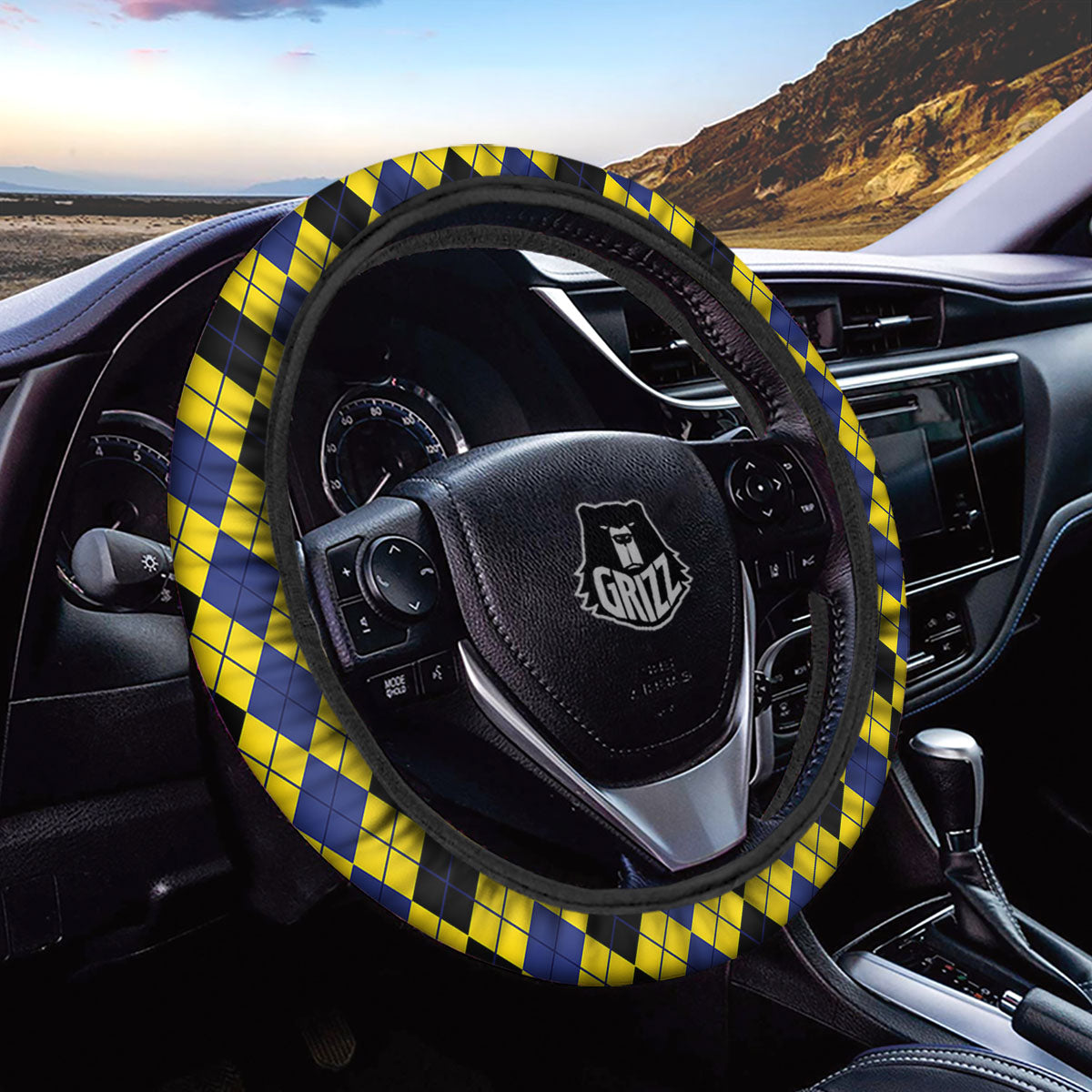 Blue Black And Yellow Argyle Print Car Steering Wheel Cover-grizzshop