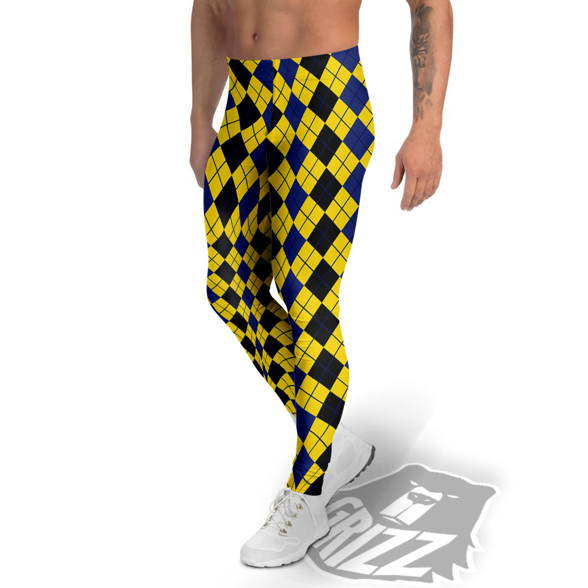 Blue Black And Yellow Argyle Print Men's Leggings-grizzshop