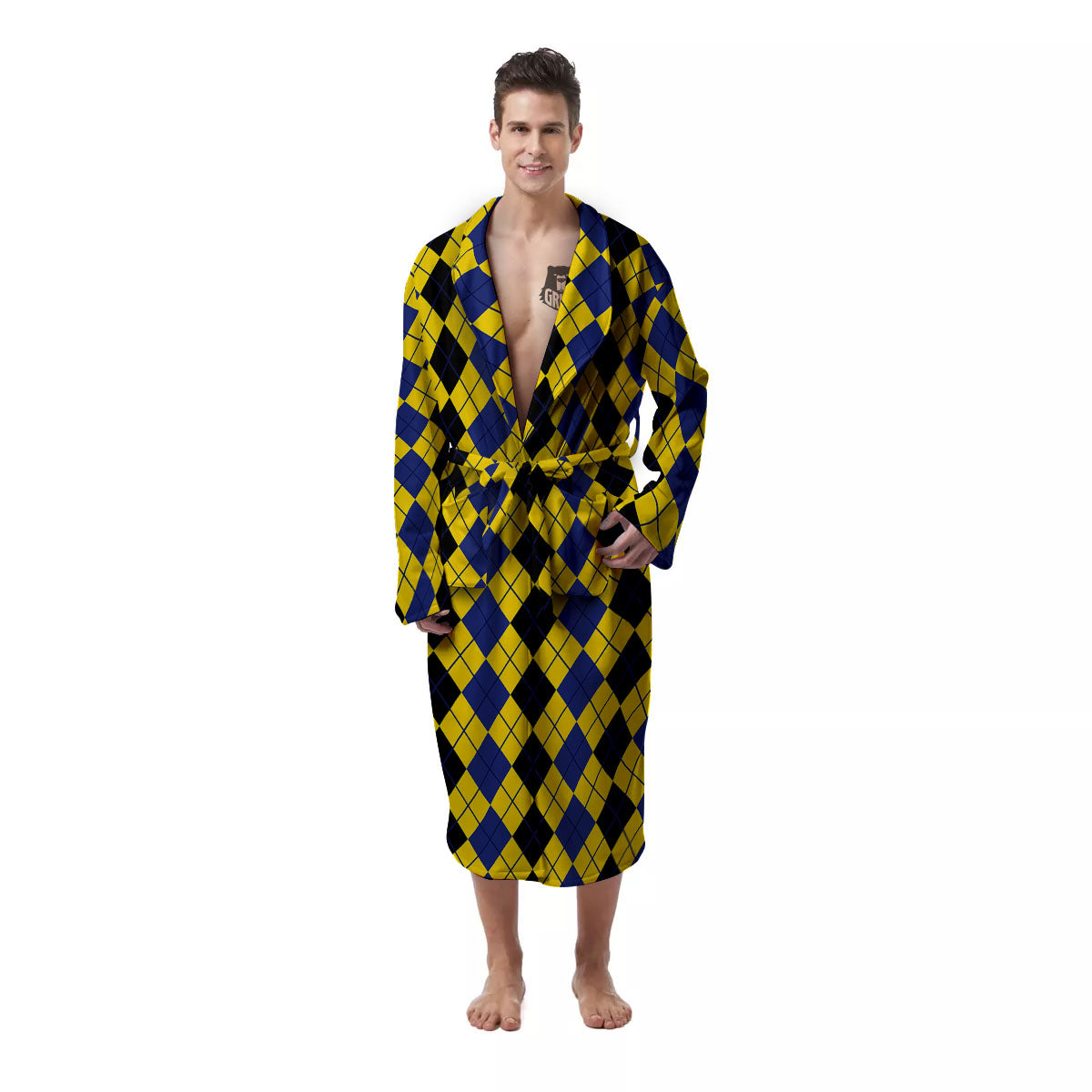 Blue Black And Yellow Argyle Print Men's Robe-grizzshop
