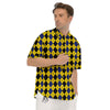 Blue Black And Yellow Argyle Print Men's Short Sleeve Shirts-grizzshop