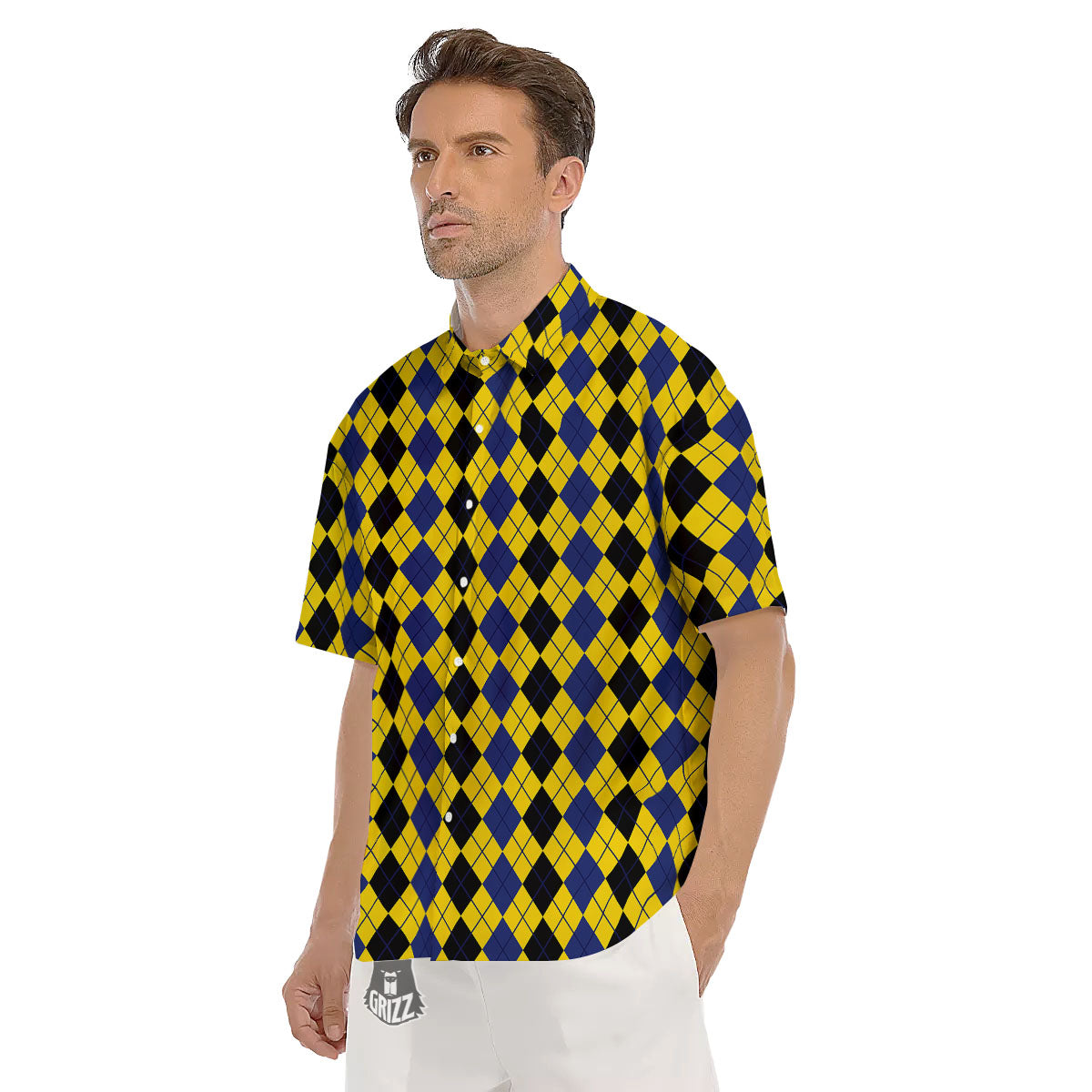 Blue Black And Yellow Argyle Print Men's Short Sleeve Shirts-grizzshop