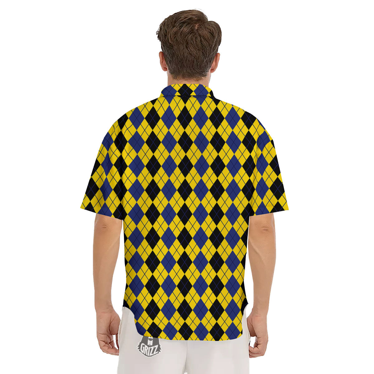 Blue Black And Yellow Argyle Print Men's Short Sleeve Shirts-grizzshop