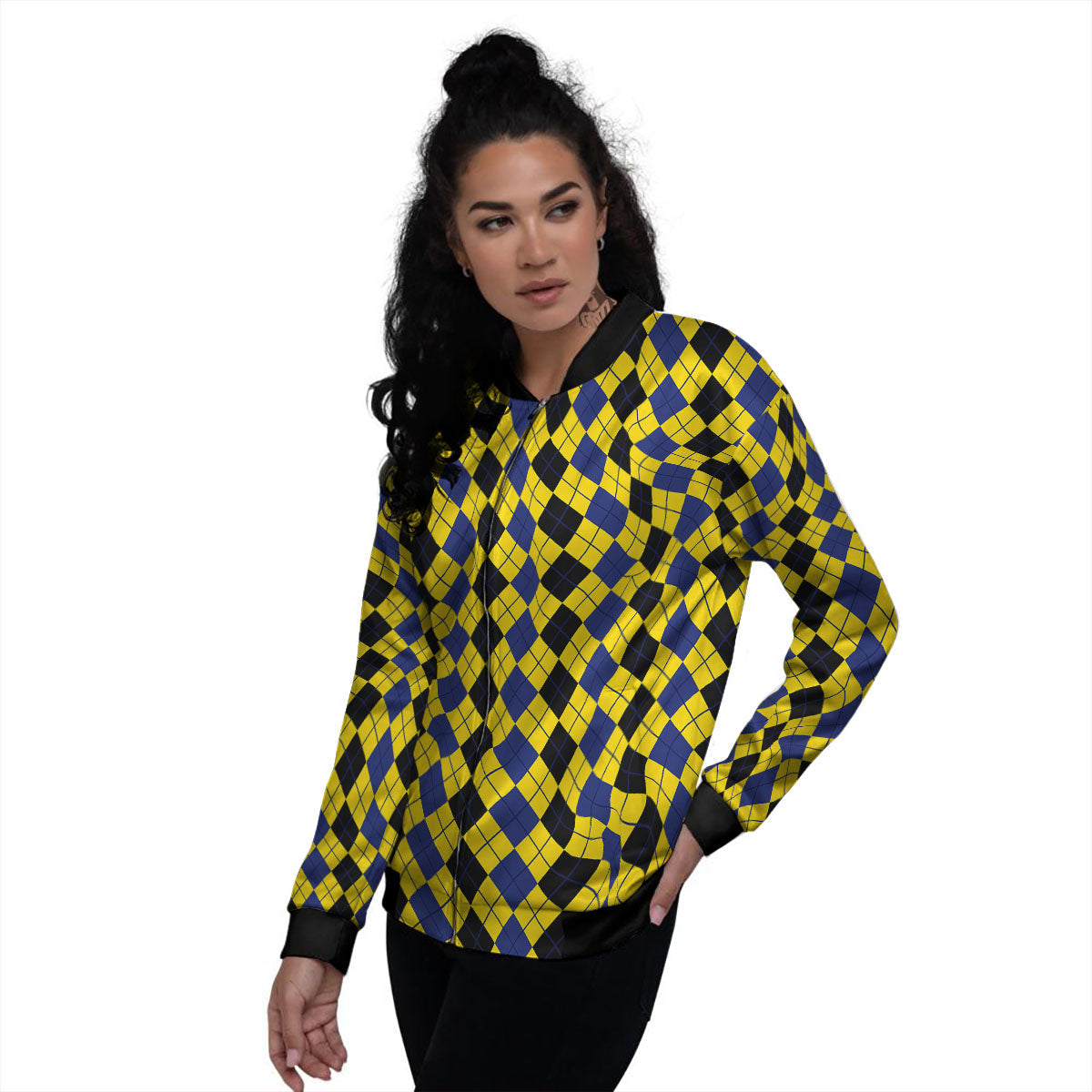 Blue Black And Yellow Argyle Print Women's Bomber Jacket-grizzshop