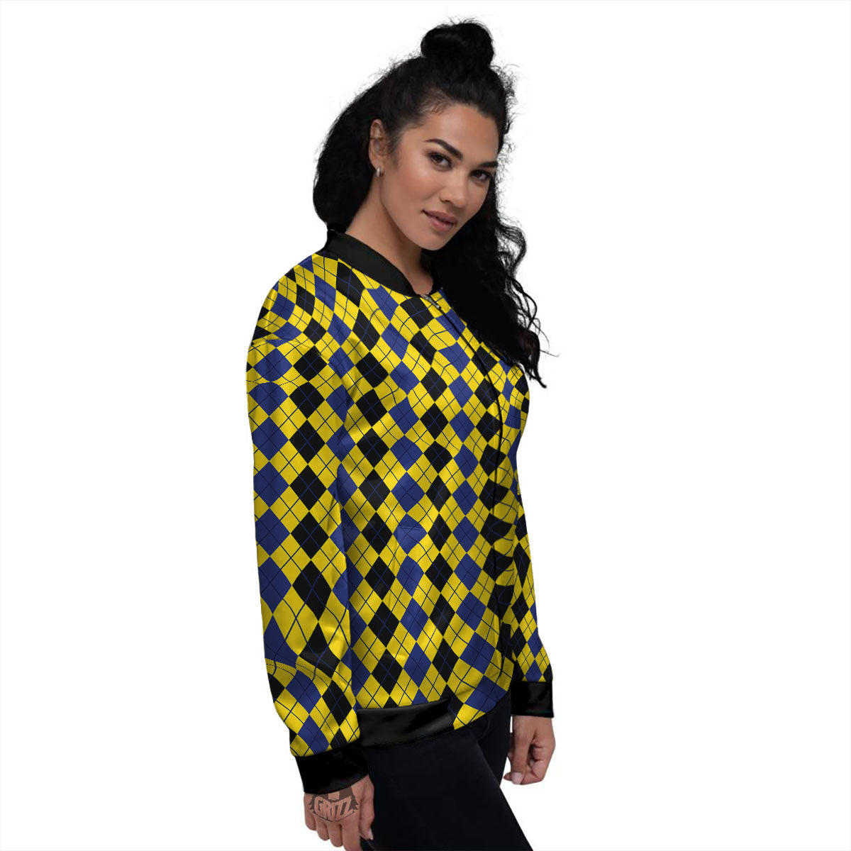 Blue Black And Yellow Argyle Print Women's Bomber Jacket-grizzshop