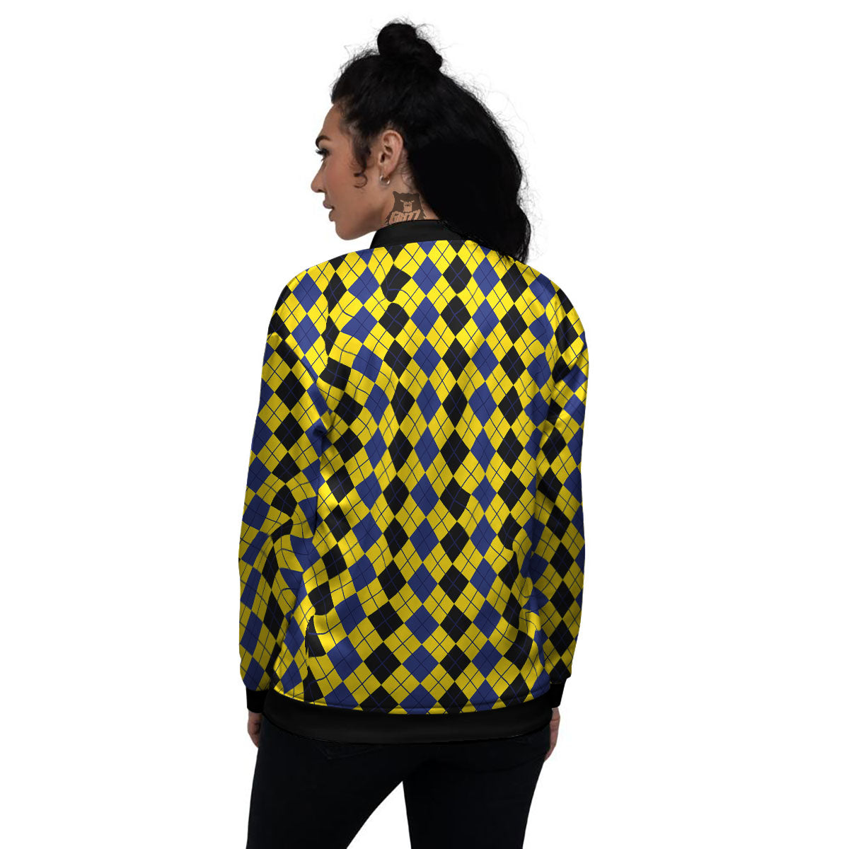 Blue Black And Yellow Argyle Print Women's Bomber Jacket-grizzshop