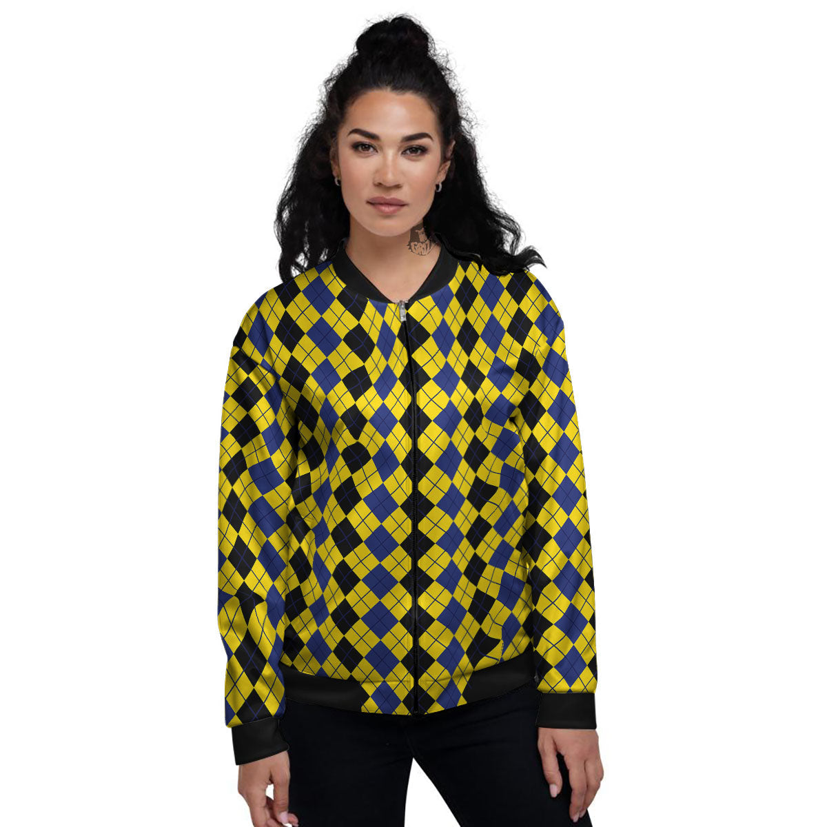 Blue Black And Yellow Argyle Print Women's Bomber Jacket-grizzshop
