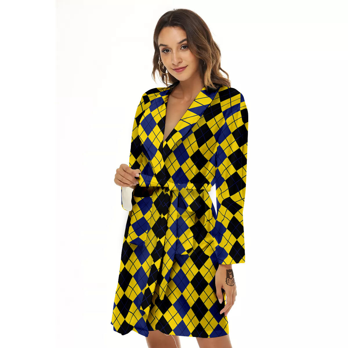Blue Black And Yellow Argyle Print Women's Robe-grizzshop