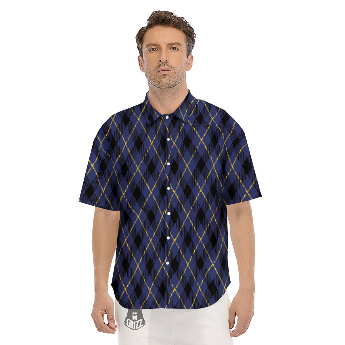 Blue Black And Yellow Plaid Print Men's Short Sleeve Shirts-grizzshop