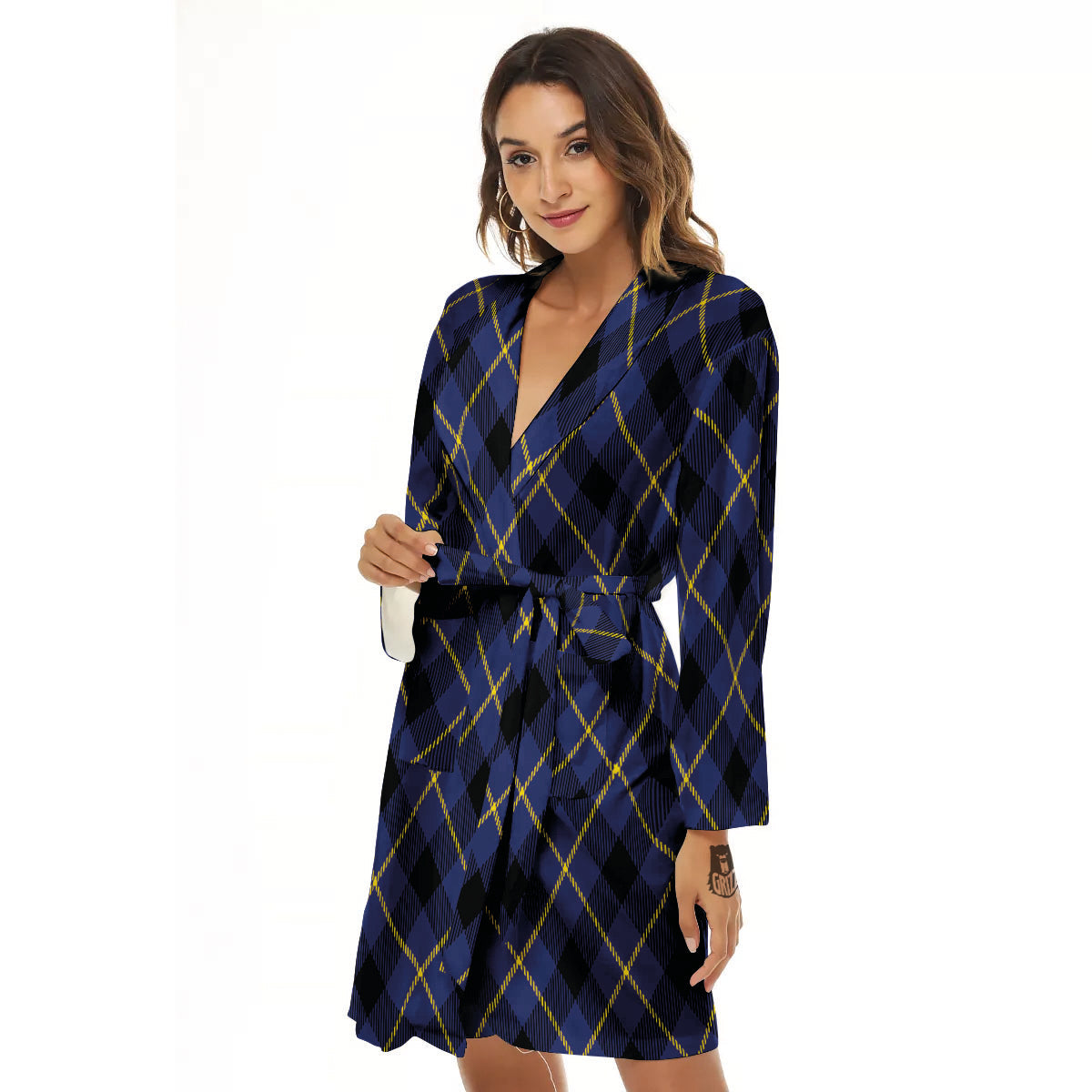 Blue Black And Yellow Plaid Print Women's Robe-grizzshop