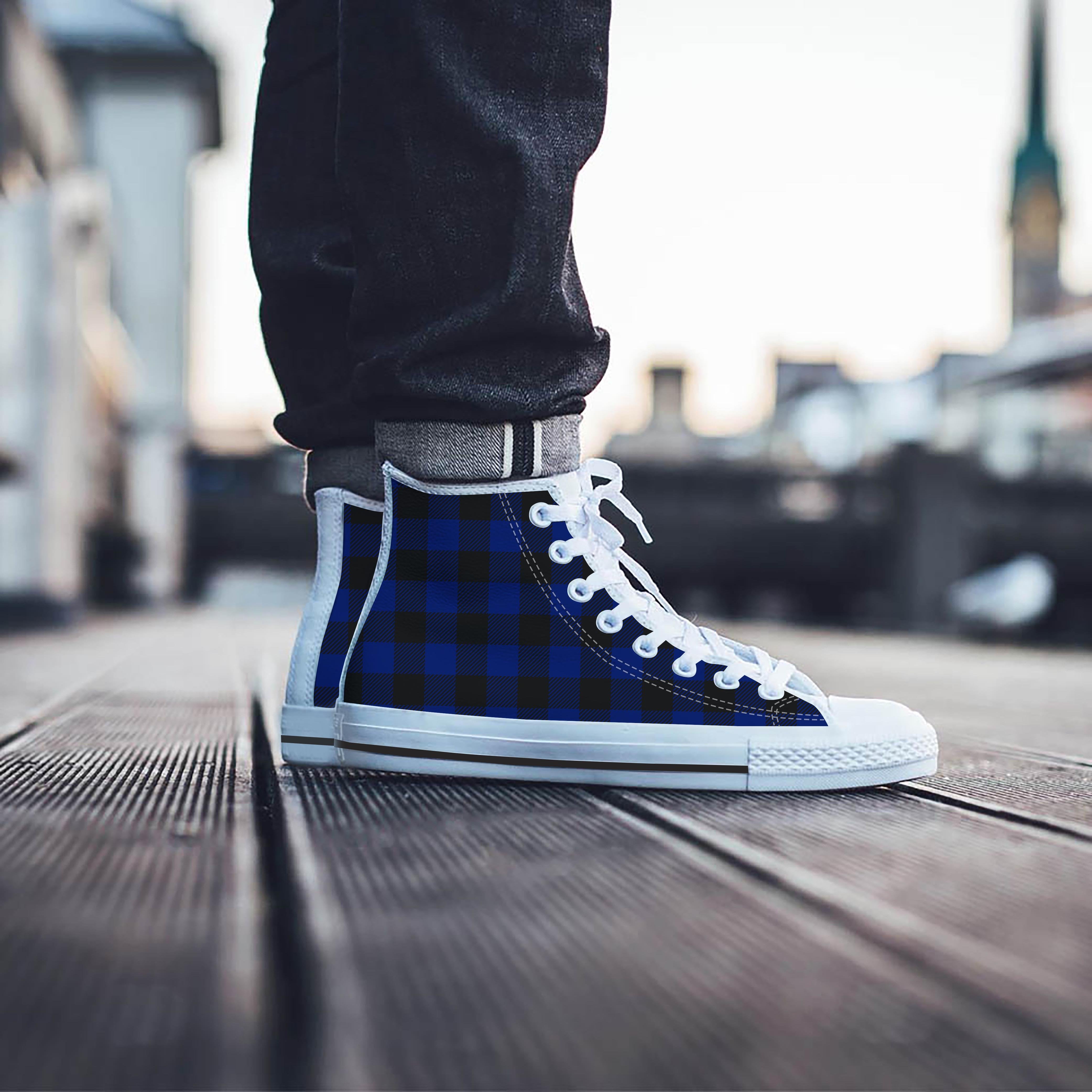 Blue Buffalo Plaid Men's High Top Shoes-grizzshop