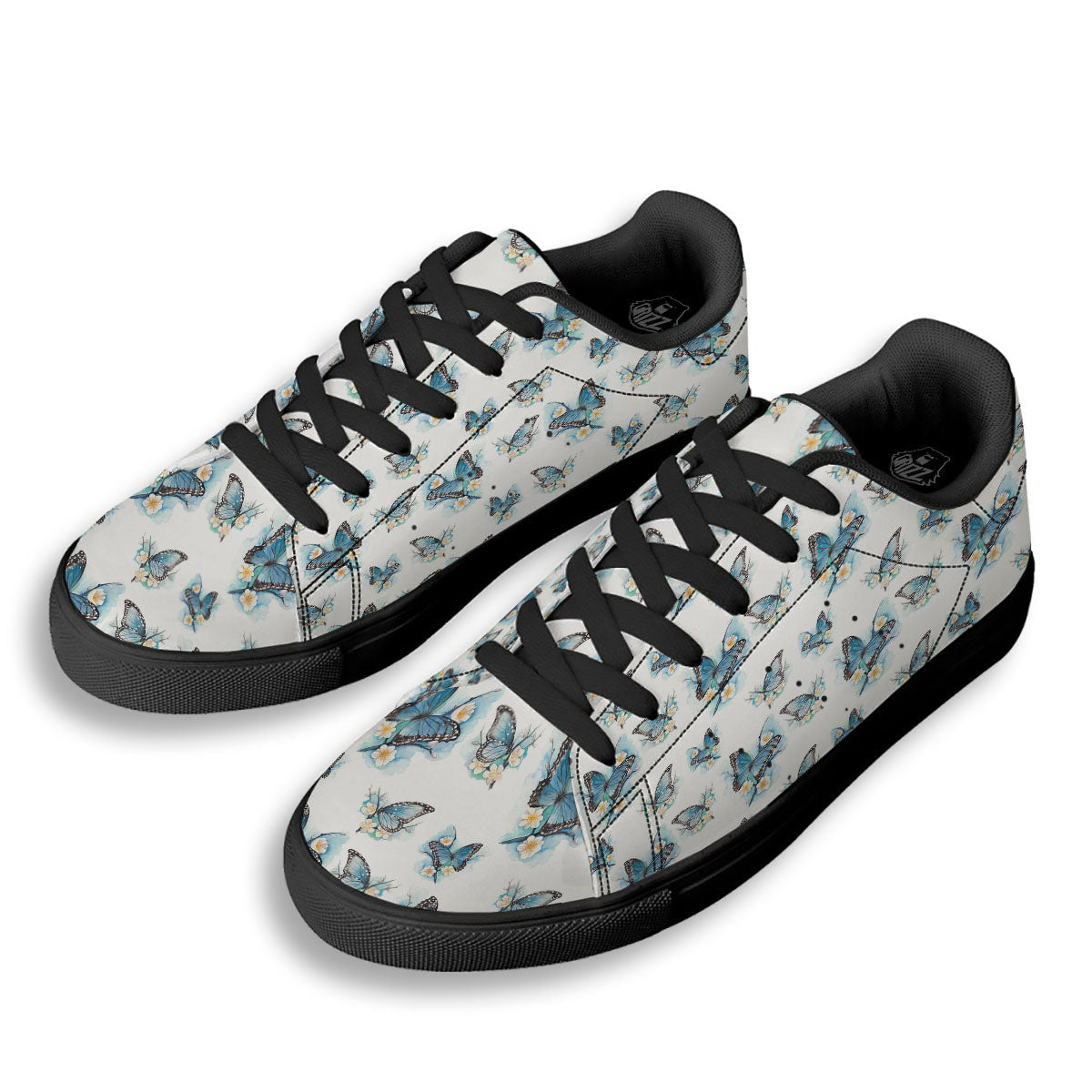 Blue Butterfly Blossom Print Pattern Black Low Top Sneakers-grizzshop