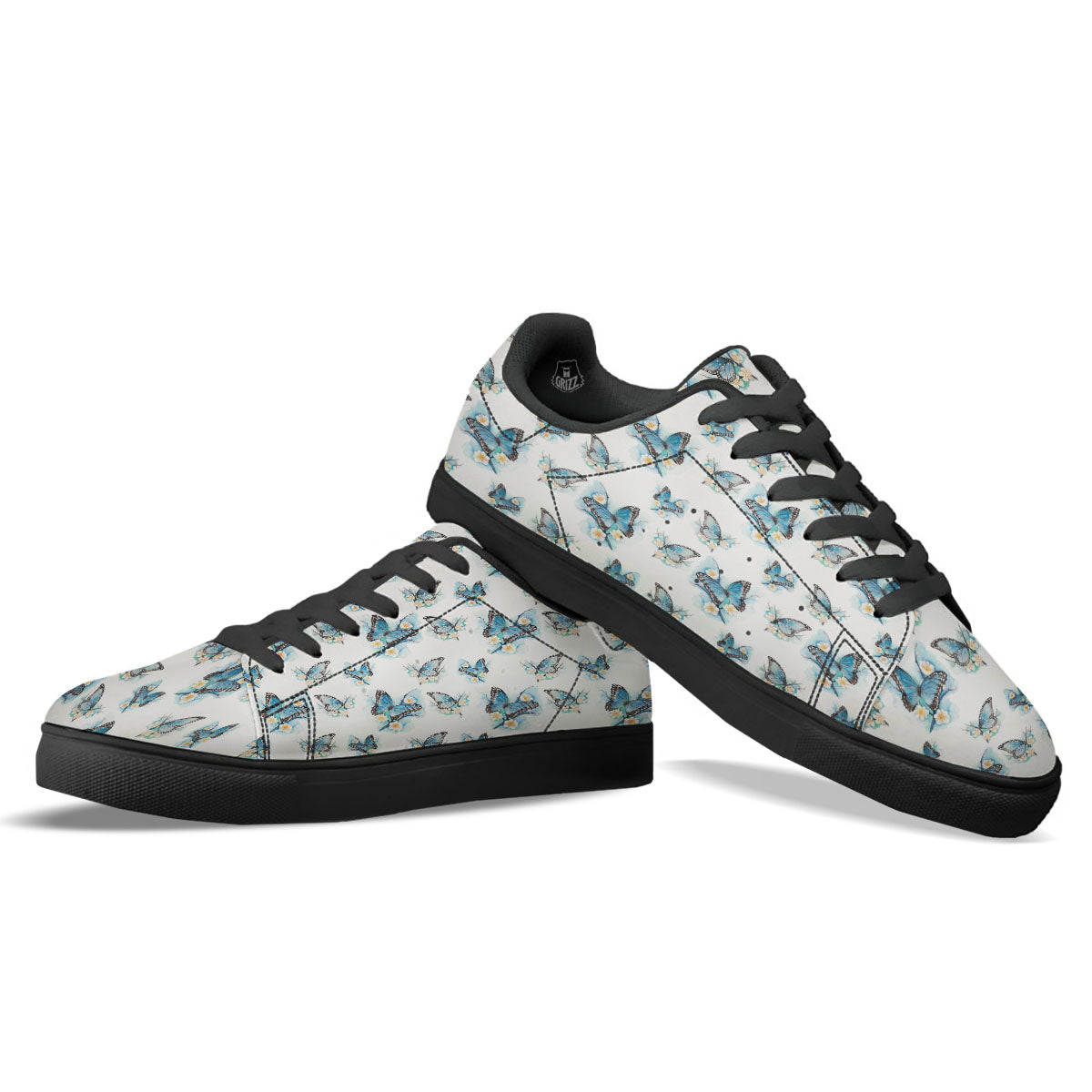 Blue Butterfly Blossom Print Pattern Black Low Top Sneakers-grizzshop