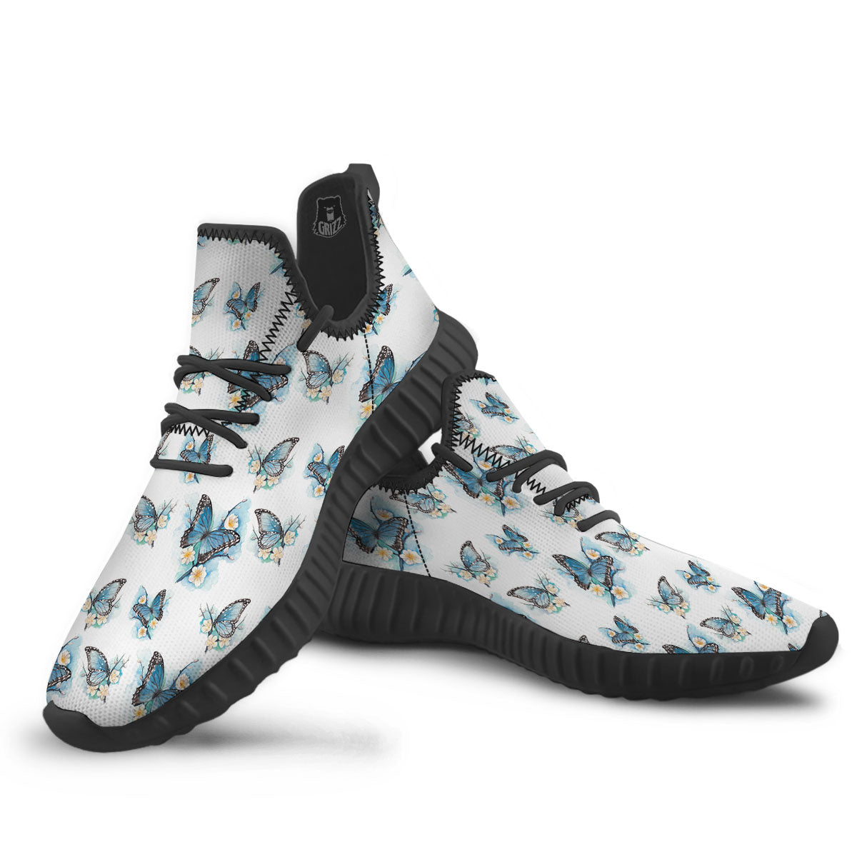 Blue Butterfly Blossom Print Pattern Black Walking Shoes-grizzshop