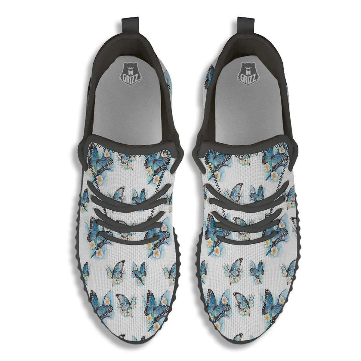 Blue Butterfly Blossom Print Pattern Black Walking Shoes-grizzshop