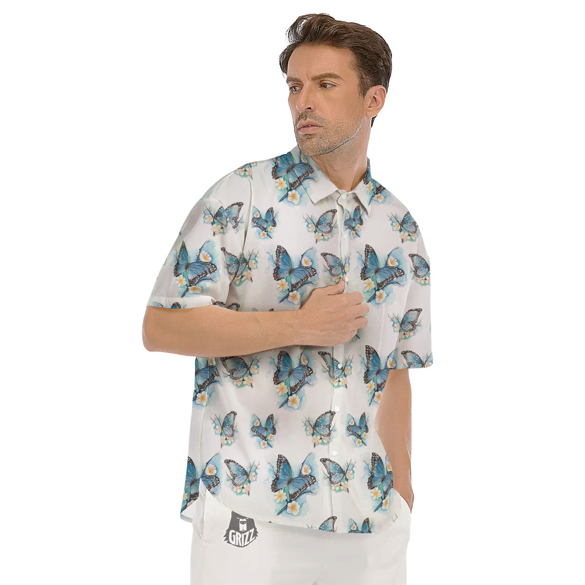 Blue Butterfly Blossom Print Pattern Men's Short Sleeve Shirts-grizzshop