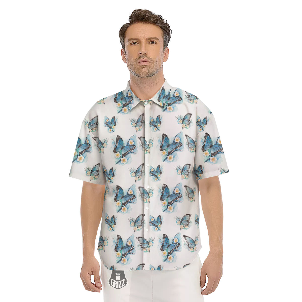 Blue Butterfly Blossom Print Pattern Men's Short Sleeve Shirts-grizzshop