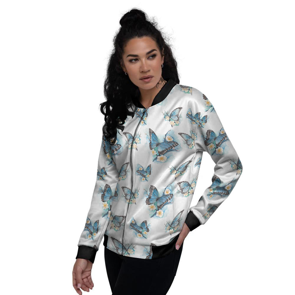 Blue Butterfly Blossom Print Pattern Women's Bomber Jacket-grizzshop