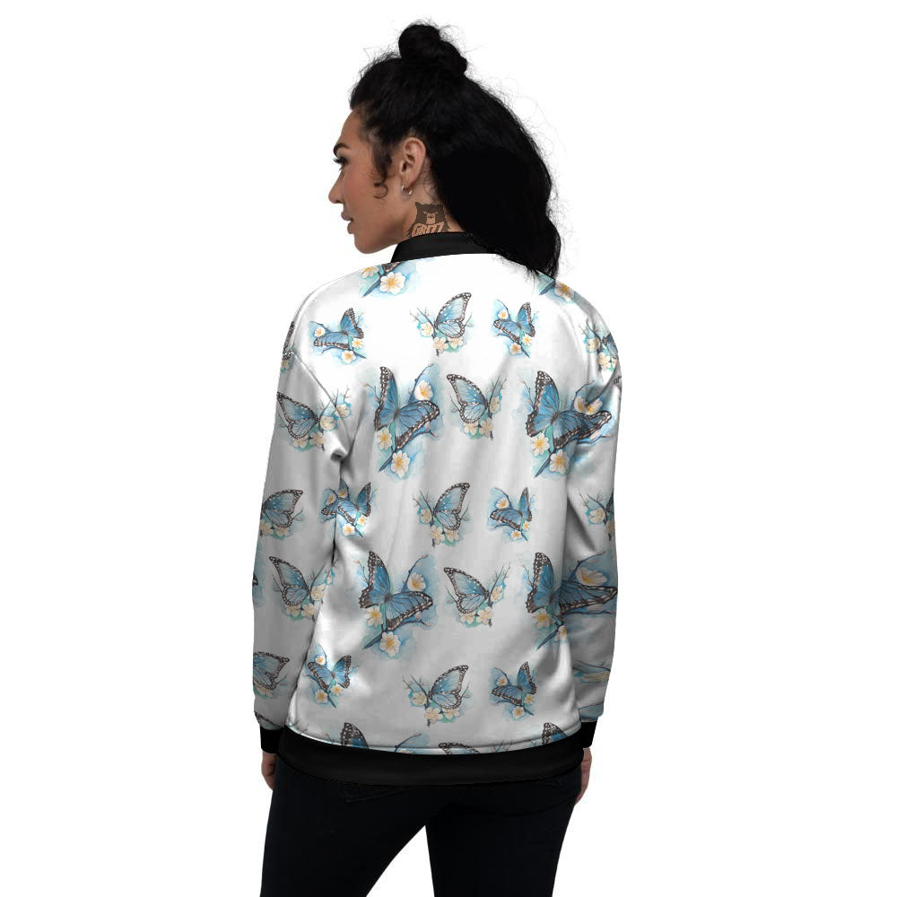 Blue Butterfly Blossom Print Pattern Women's Bomber Jacket-grizzshop