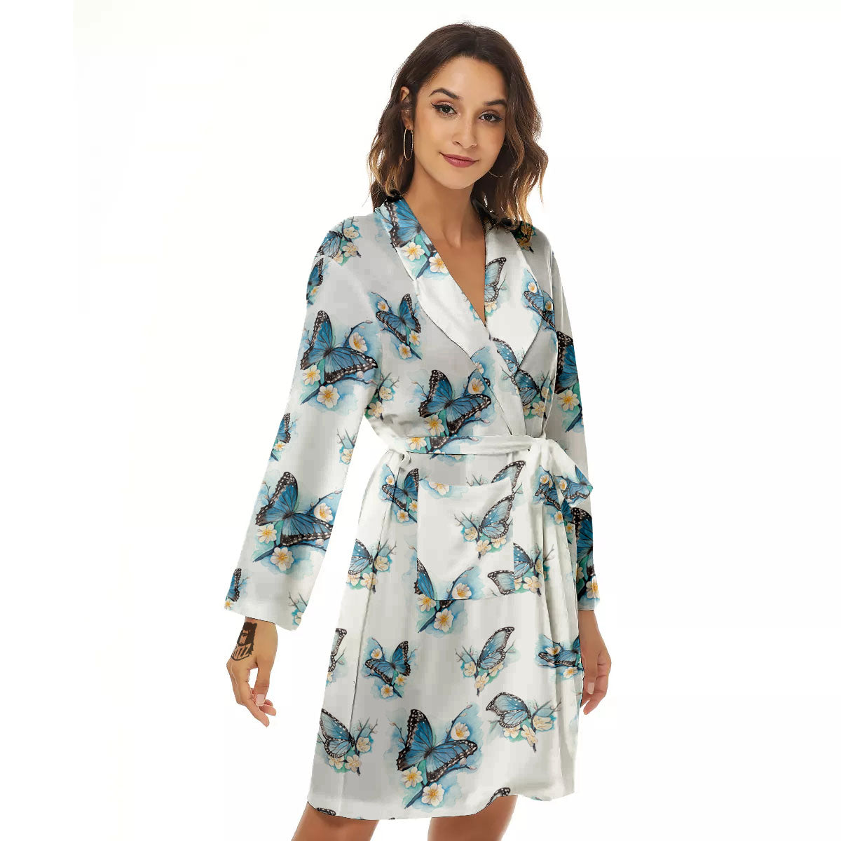 Blue Butterfly Blossom Print Pattern Women's Robe-grizzshop