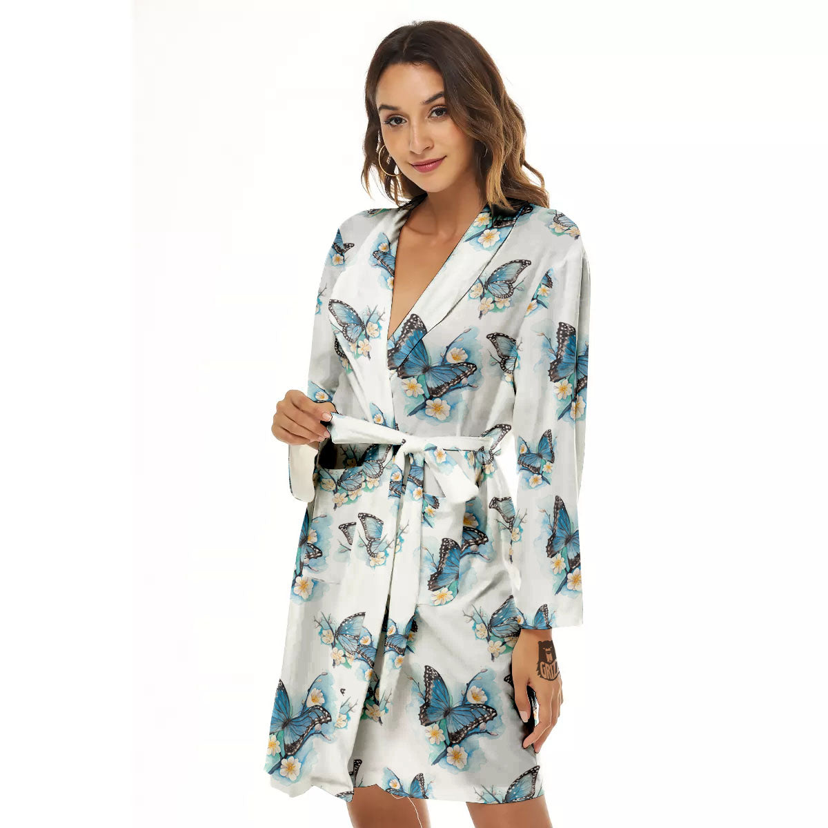 Blue Butterfly Blossom Print Pattern Women's Robe-grizzshop