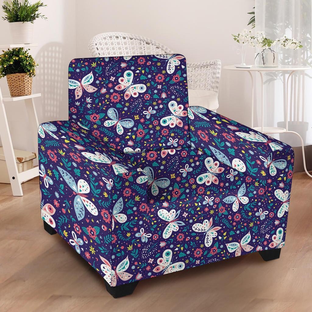 Blue Butterfly Floral Print Armchair Cover-grizzshop