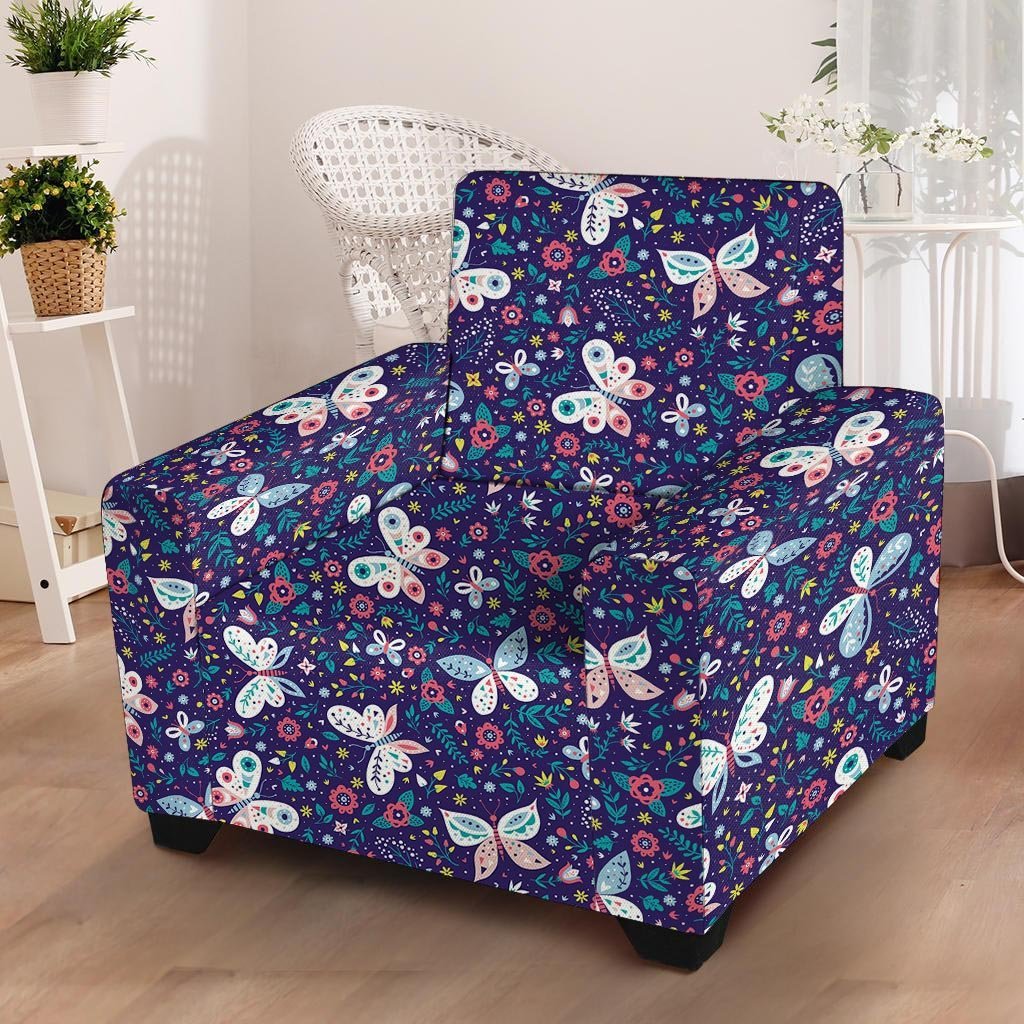 Blue Butterfly Floral Print Armchair Cover-grizzshop