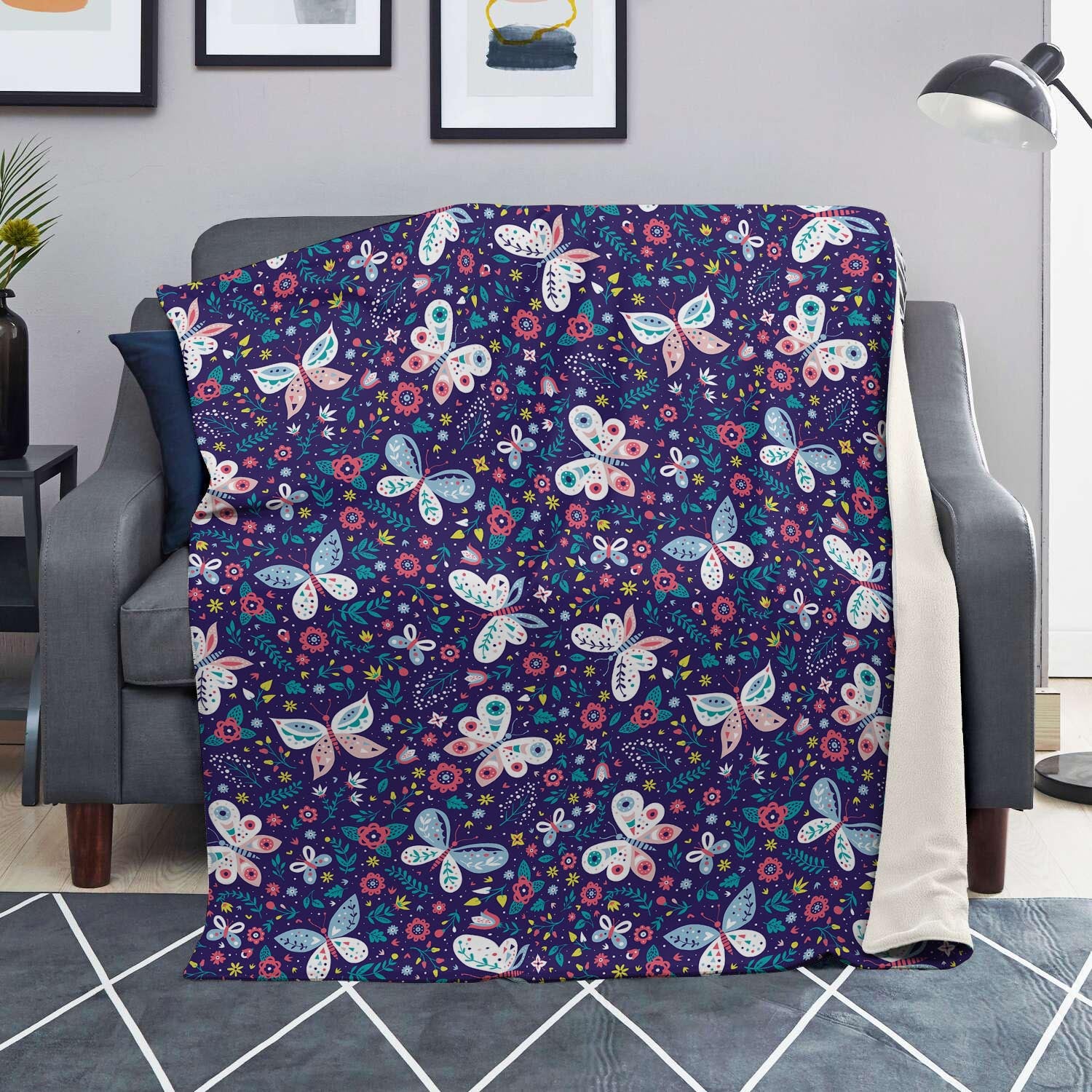 Blue Butterfly Floral Print Blanket-grizzshop