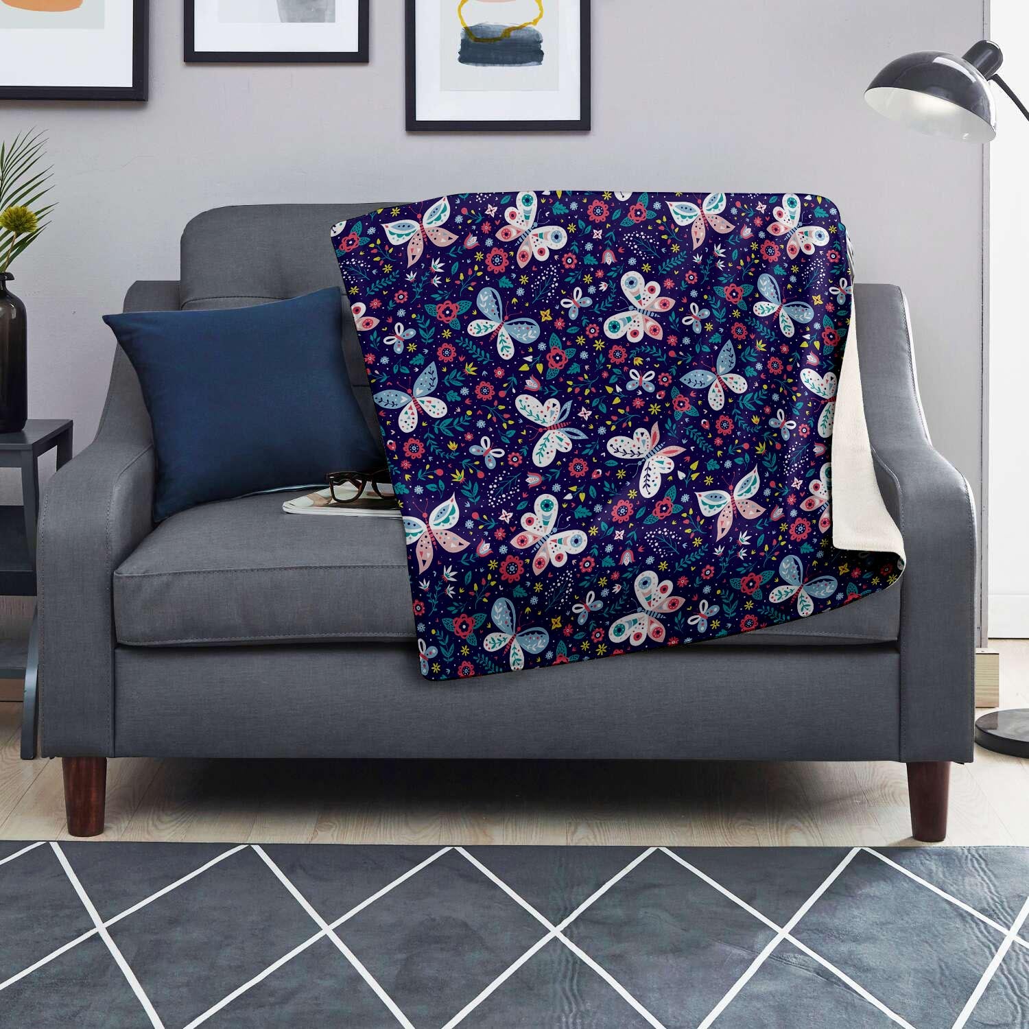 Blue Butterfly Floral Print Blanket-grizzshop