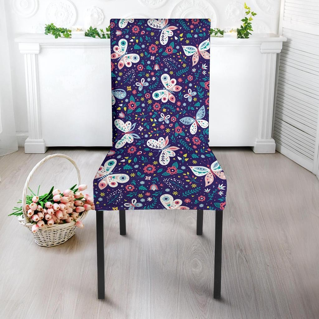 Blue Butterfly Floral Print Chair Cover-grizzshop