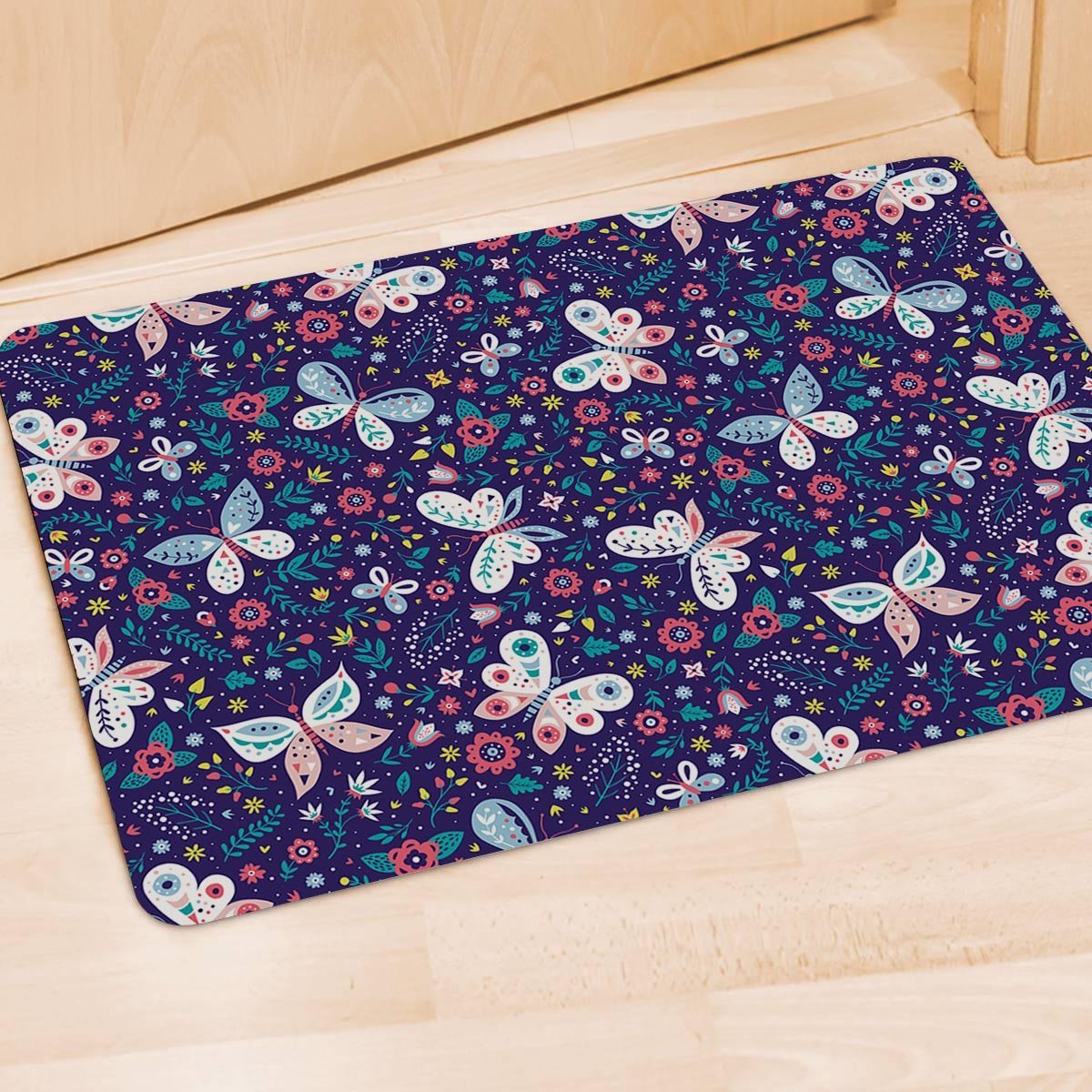 Blue Butterfly Floral Print Door Mat-grizzshop