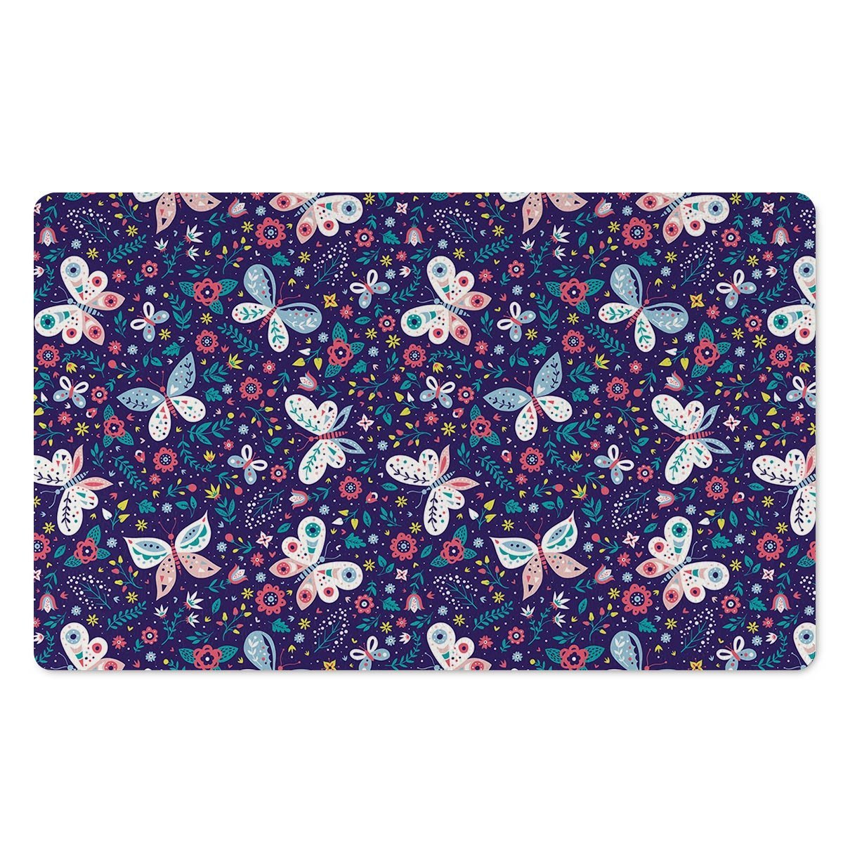 Blue Butterfly Floral Print Door Mat-grizzshop