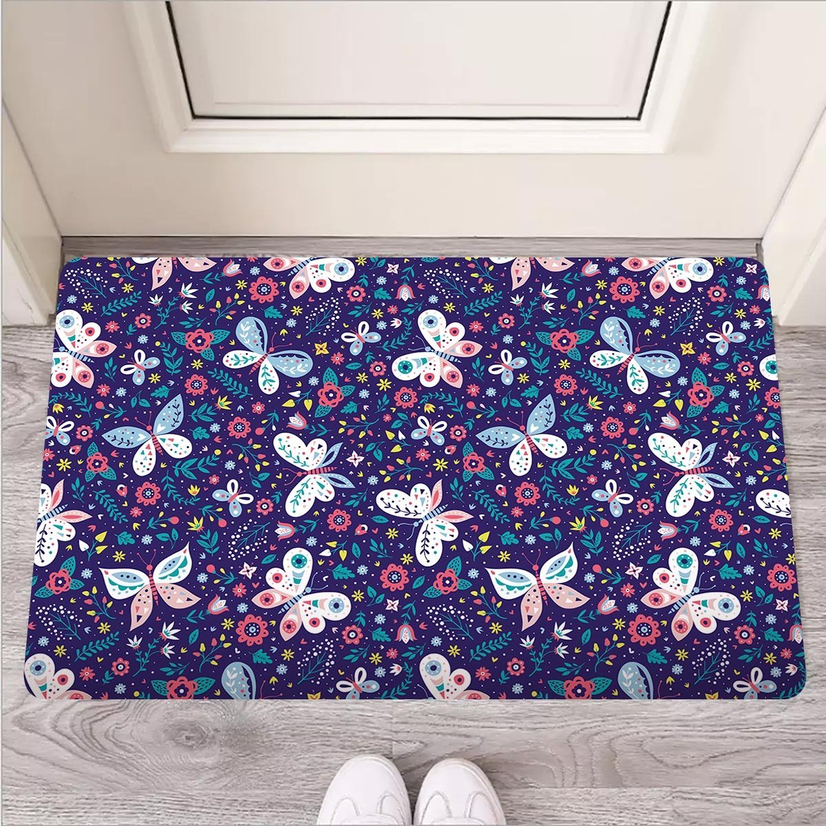 Blue Butterfly Floral Print Door Mat-grizzshop
