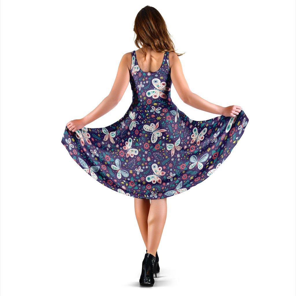 Blue Butterfly Floral Print Dress-grizzshop