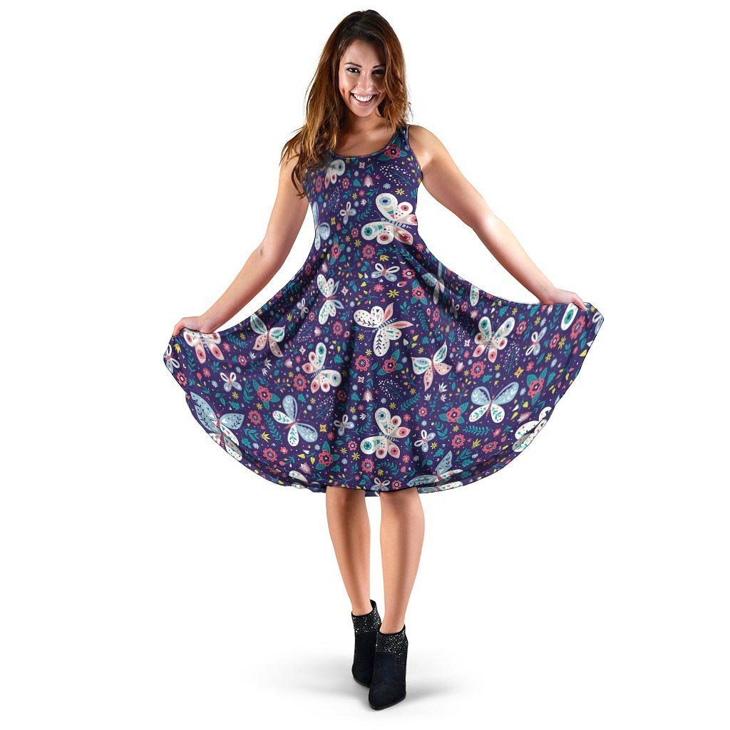 Blue Butterfly Floral Print Dress-grizzshop