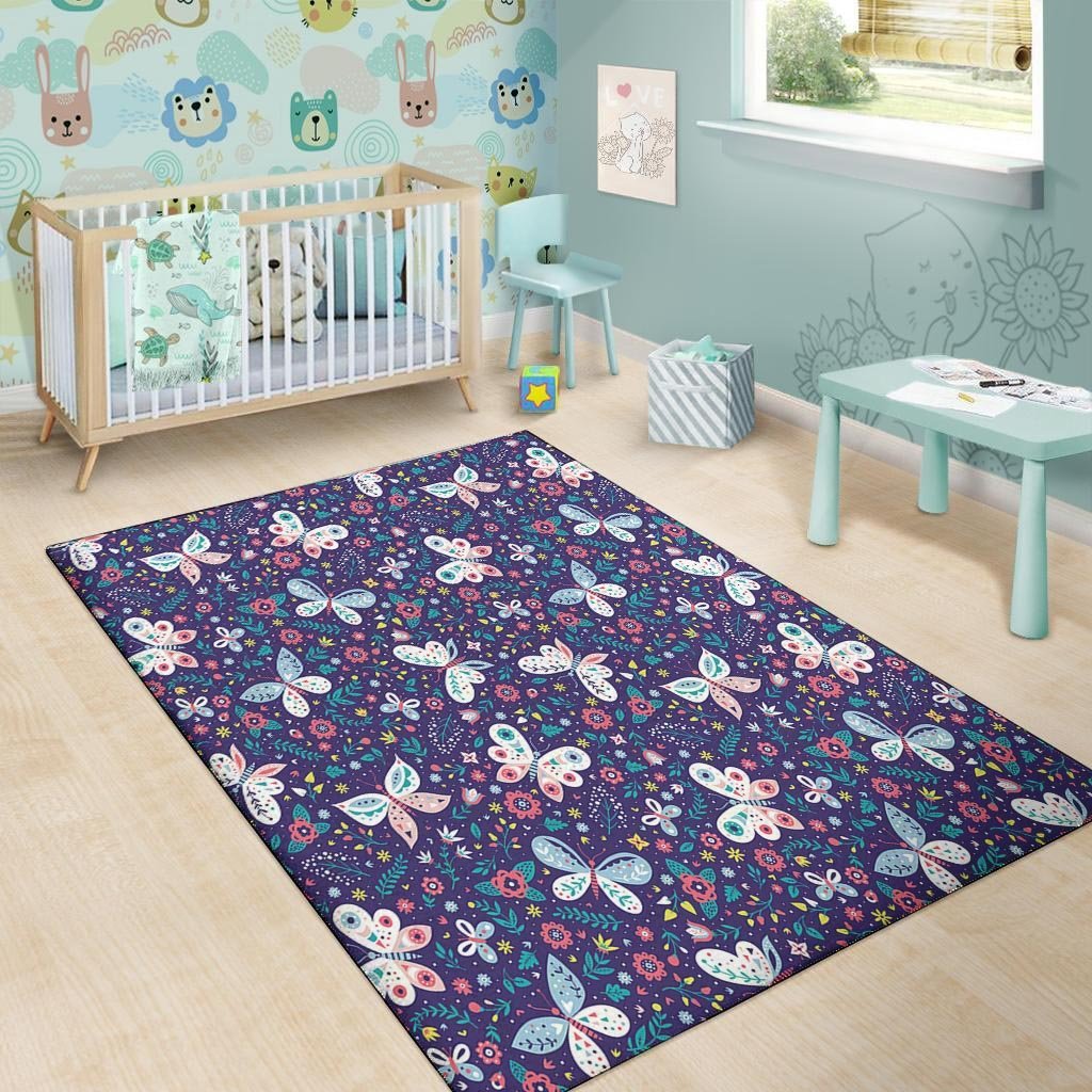 Blue Butterfly Floral Print Floor Mat-grizzshop