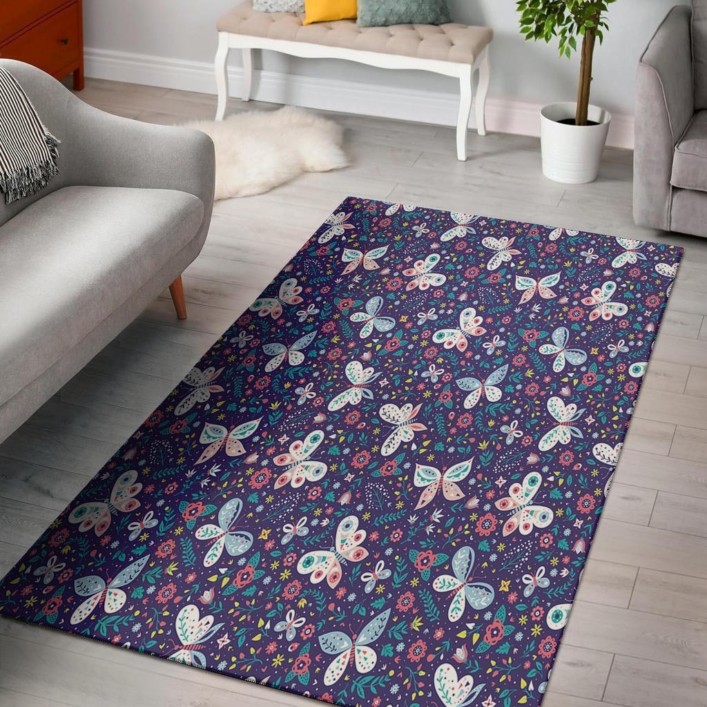 Blue Butterfly Floral Print Floor Mat-grizzshop