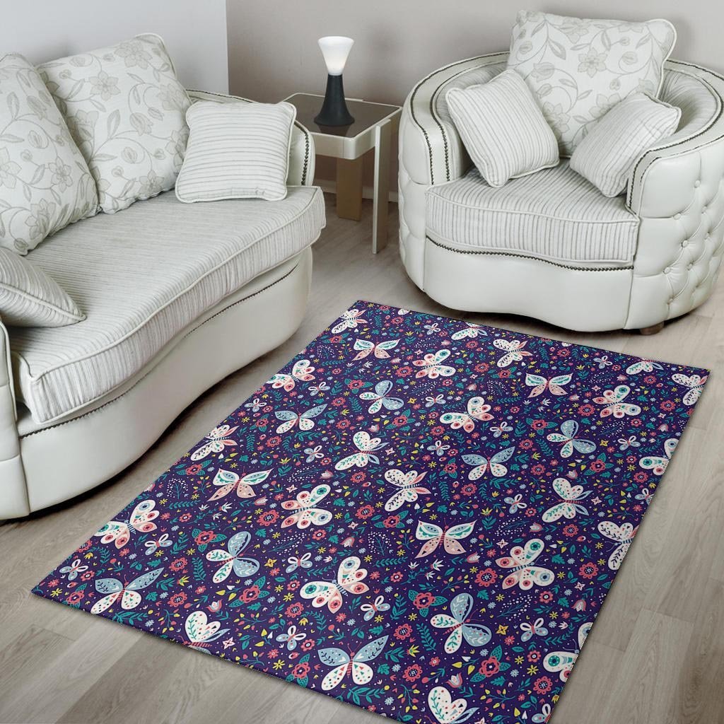 Blue Butterfly Floral Print Floor Mat-grizzshop