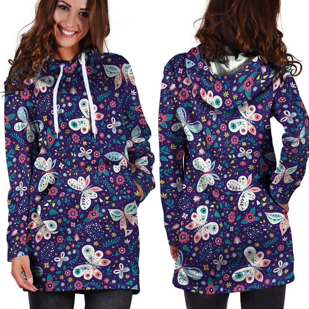 Blue Butterfly Floral Print Hoodie Dress-grizzshop