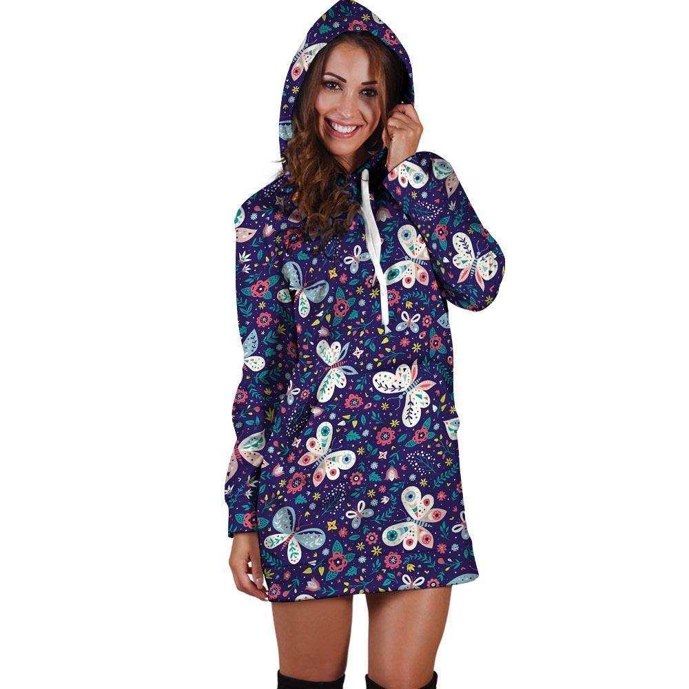 Blue Butterfly Floral Print Hoodie Dress-grizzshop