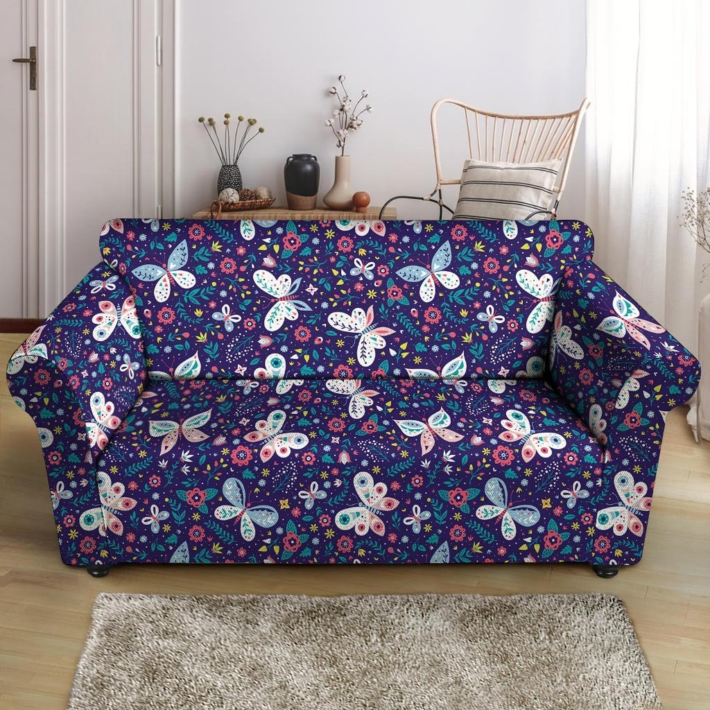 Blue Butterfly Floral Print Loveseat Cover-grizzshop