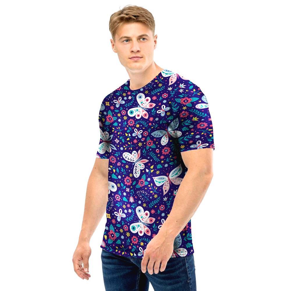 Blue Butterfly Floral Print Men T Shirt-grizzshop