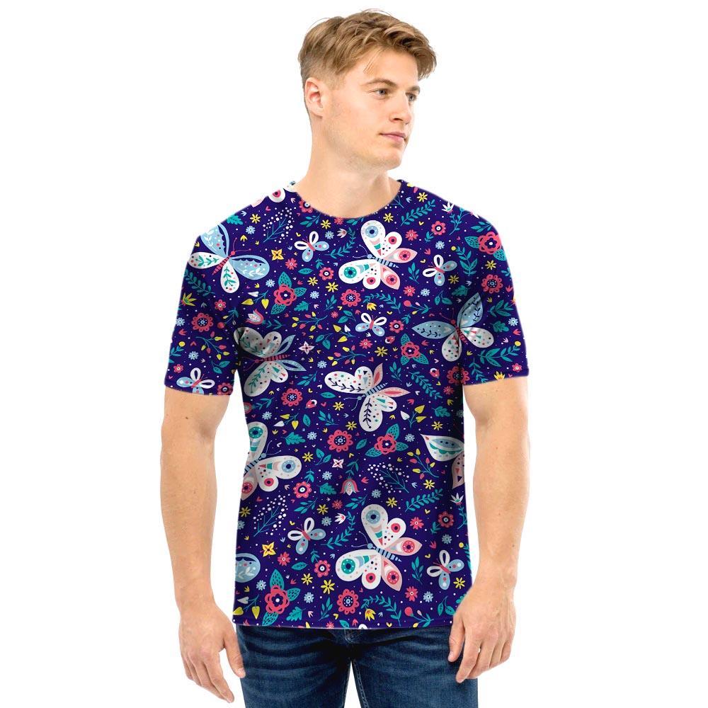 Blue Butterfly Floral Print Men T Shirt-grizzshop