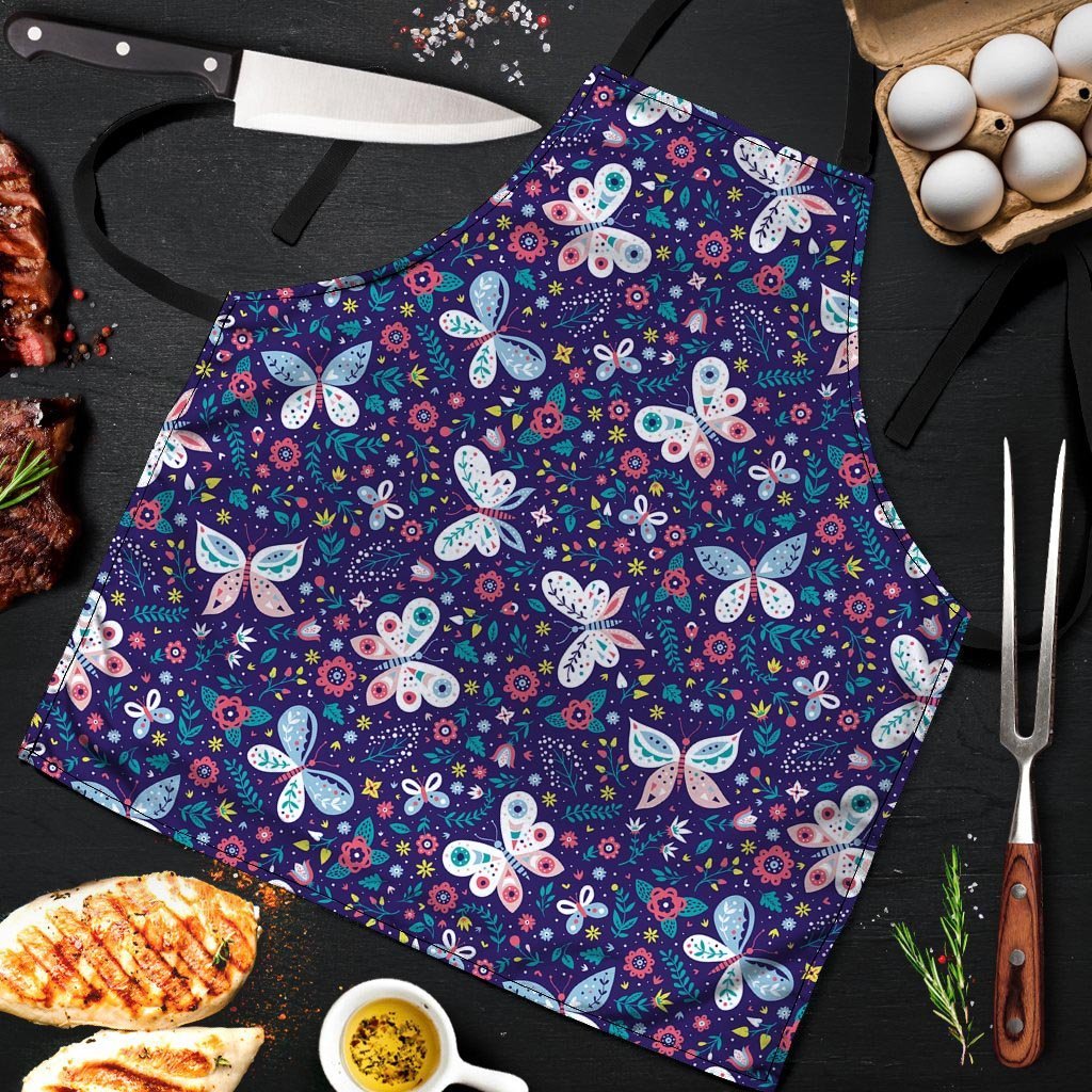 Blue Butterfly Floral Print Men's Apron-grizzshop