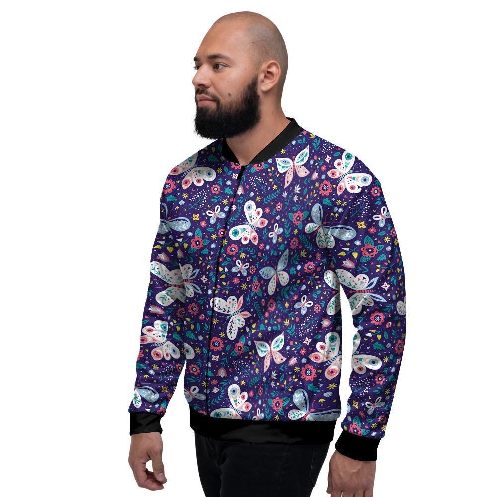 Blue Butterfly Floral Print Men's Bomber Jacket-grizzshop