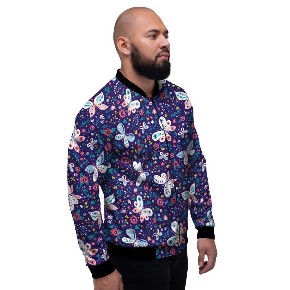 Blue Butterfly Floral Print Men's Bomber Jacket-grizzshop