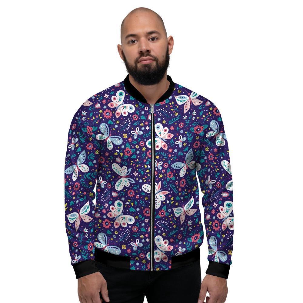 Blue Butterfly Floral Print Men's Bomber Jacket-grizzshop