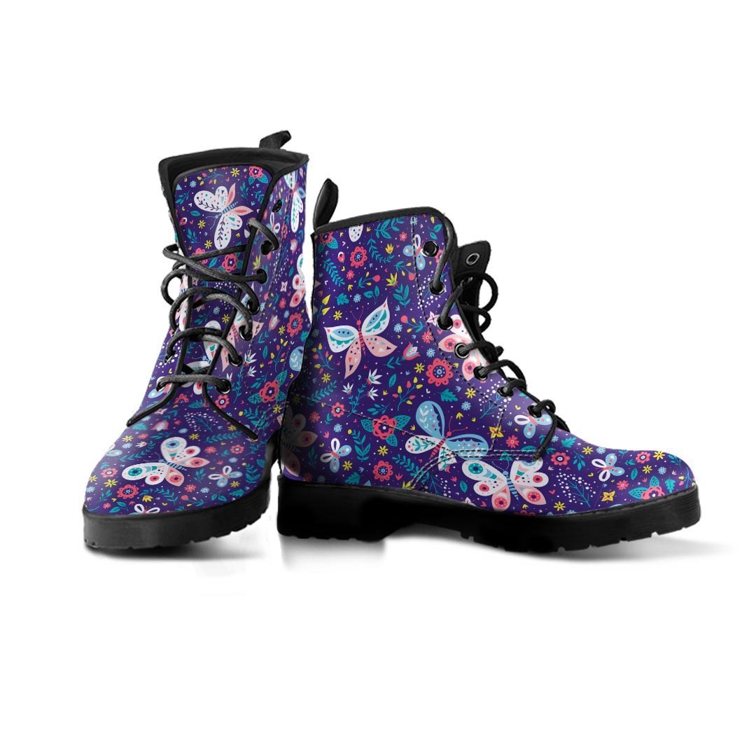 Blue Butterfly Floral Print Men's Boots-grizzshop